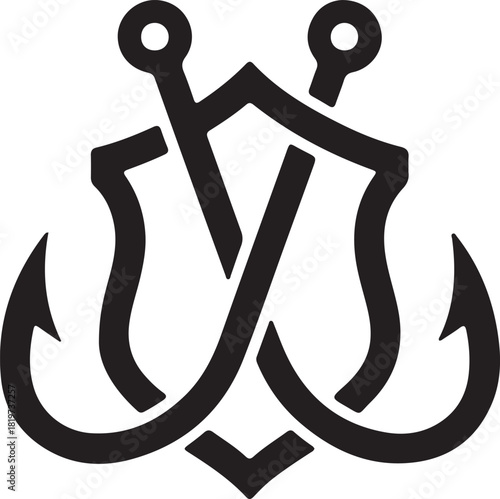 Nautical anchor and fishing hooks emblem design concept in black and white, depicting marine adventure, security, and shield protection.