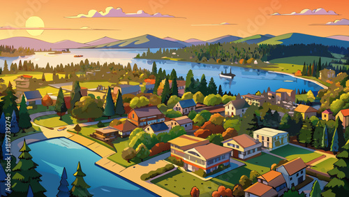 Very beautiful aerial drone view of Lake Oswego, Oregon, showcasing calm blue waters surrounded by dense forests and residential houses, bathed in warm sunset light on a clear evening.