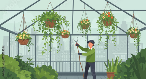 Gardener working in a modern greenhouse cultivating diverse hanging flowers