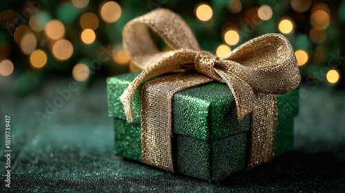 Festive green gift box with a gold ribbon and bokeh background