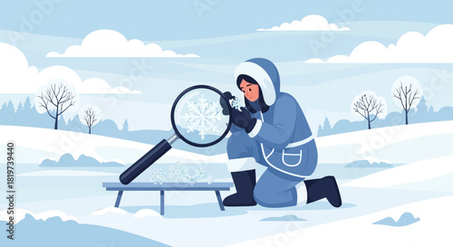 Intrigued scientist scrutinizing delicate snowflakes with a magnifying glass