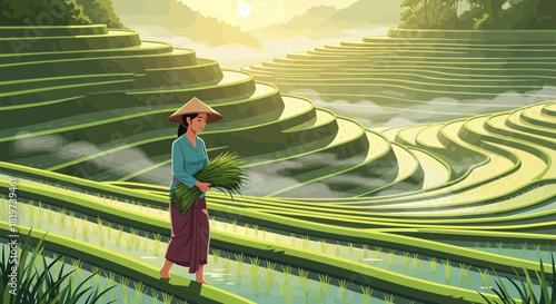 Beautiful rice terraces scenery featuring a woman carrying freshly harvested rice