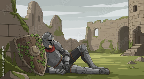 Weary Knight Resting Against Ivy-Covered Shield Beside Ancient Castle Ruins