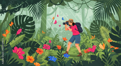 Woman capturing tropical rainforest beauty with camera, amidst exotic flowers