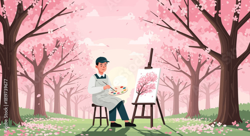 Artist Inspired by Spring: Painting Cherry Blossoms in a Peaceful Landscape