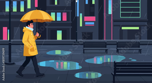 Rainy night city stroll under yellow umbrella illustration concept design