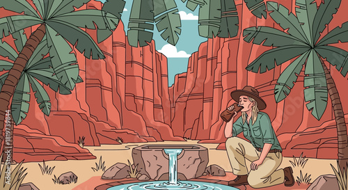 A Thirsty Traveler Resting in a Desert Oasis with Majestic Canyon Backdrop