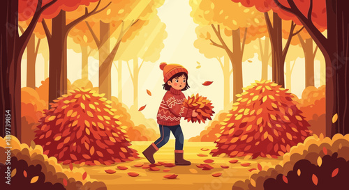 A whimsical woodland adventure: Girl gathering autumn leaves in a sunlit forest
