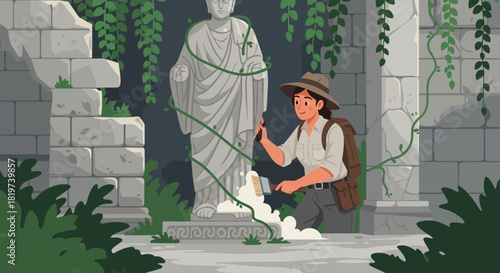 Woman archaeologist meticulously cleaning an ancient statue in ruins