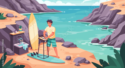 Surfer preparing surfboard on a serene beach with turquoise water and cliffs