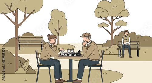 Tranquil Cartoon Scene Depicting Chess Players in Park with Onlooker Character