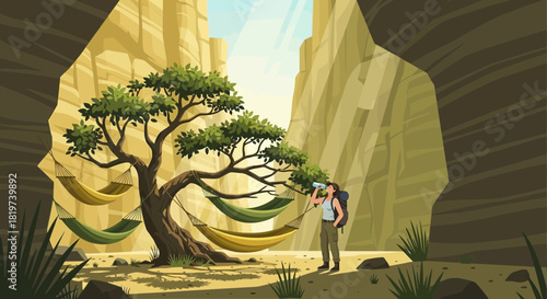 Canyon respite: A digital illustration of a hiker taking a break in a desert oasis