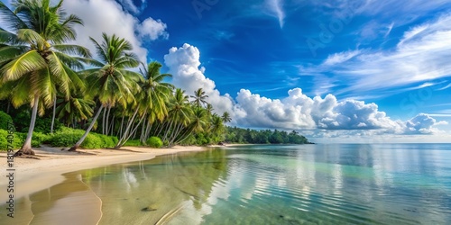 Tropical beach with palm trees and calm ocean under a blue sky