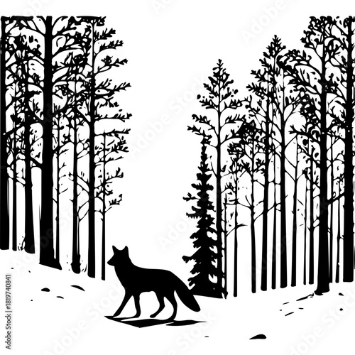 Silhouette of fox walking through a forest of bare trees in winter