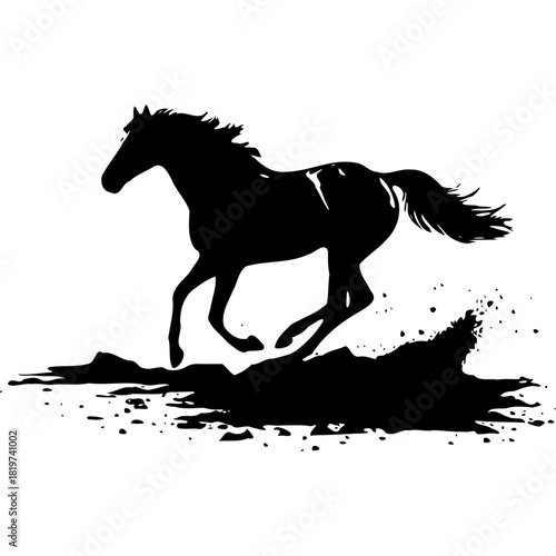 Silhouette of a horse galloping with dirt kicking up behind it