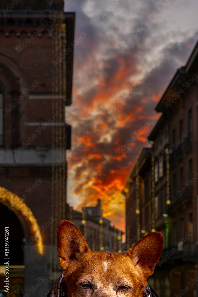 Fototapeta premium Dog peering over frame with city street and colorful sunset sky