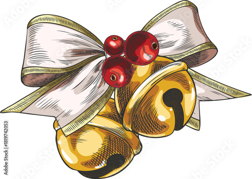 Christmas jingle bells round shape with bow and mistletoe berries hand drawn vector, festive Christmas decoration