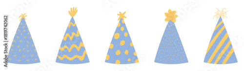 Set of festive hats for birthday. Yellow and blue decor for the holiday