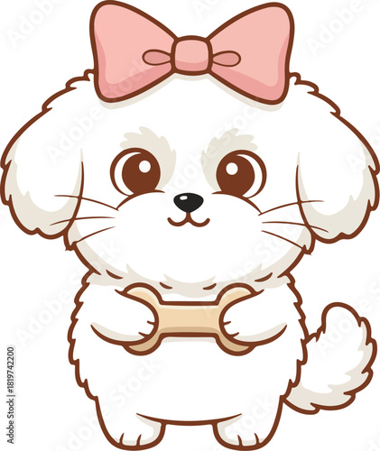 Cute cartoon white puppy dog character wearing a pink bow and happily holding a bone, adorable vector illustration isolated.