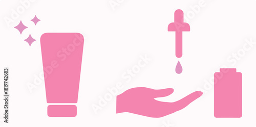 Beauty products, wellness, health, cosmetics, skincare, face, routine, women. Glow, facial serum, aesthetics, makeup, lotion, eye cream, treatment, moisturizer, hygiene products, procedure. Set, icon,