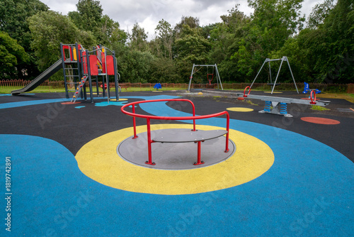 Children's playground at Durrockstock Park - Local Nature Reserve. Scotland, UK. Children and families can now enjoy the area at Park, which has a host of accessible and inclusive facilities. 