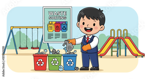 Promoting recycling education in a playful park environment with cartoon illustration