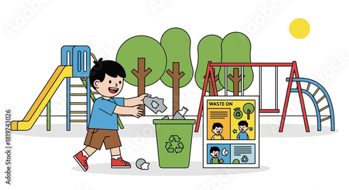 Child demonstrates responsible citizenship through litter disposal in playground