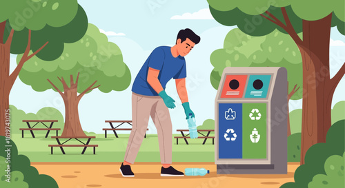 Man segregating plastic bottles into public recycling bin in the park