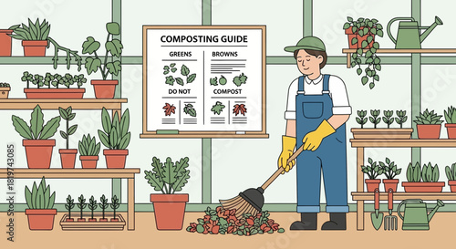 Illustration depicting composting guidance and gardener sweeping in the greenhouse