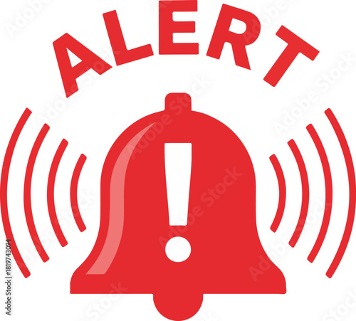 Red alert bell icon with exclamation mark and ringing waves, symbolizing danger, important notification, urgent warning, and attention required immediately.