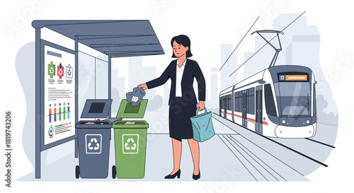 Responsible woman disposing of trash at train station with recycling bins