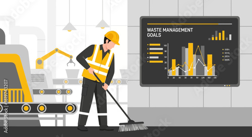 Factory worker cleaning with waste management goal visualization on display panel