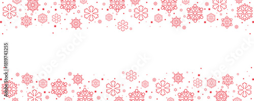 "Horizontal border design featuring a seamless pattern of red snowflakes and stars on a clean white background. This festive header or footer offers copy space in the center, perfect for winter and Ch