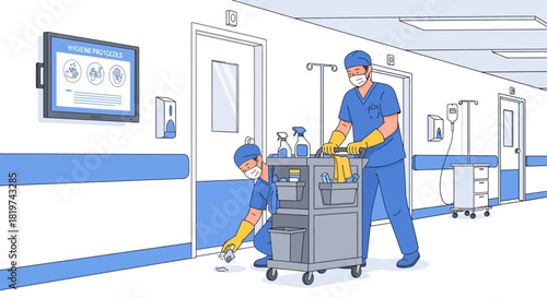 Dedicated sanitation team upholding cleanliness in a hospital during a pandemic era