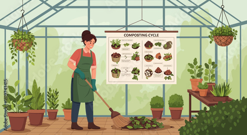 Woman tending to compost and gardening inside vibrant greenhouse with plants