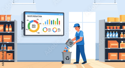 Illustrative portrayal of a worker promoting waste reduction in a warehouse setting