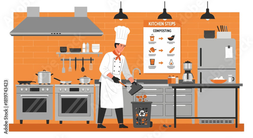 Chef promotes eco-friendly practices in a modern kitchen with composting guide