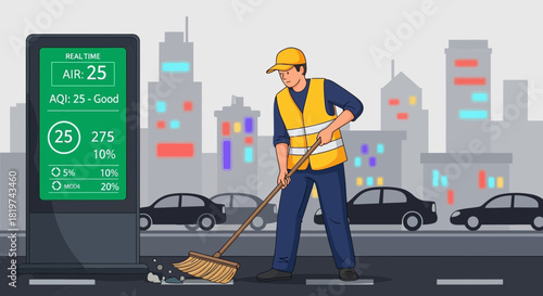 City sanitation worker sweeping the street with air quality monitoring screen