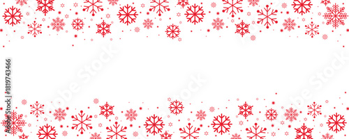 "Horizontal border design featuring a seamless pattern of red snowflakes and stars on a clean white background. This festive header or footer offers copy space in the center, perfect for winter and Ch