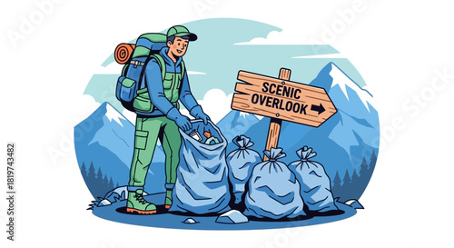 Responsible hiker collects garbage in the mountains with 'scenic overlook' sign