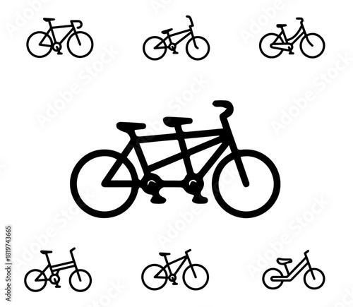 2Diverse Bicycle Icon Vector Pack Collection of Black Silhouettes Featuring Road Bikes, Classic Cruisers, Small Children's Bikes, and a Prominent Tandem Bicycle for Web and Print Design