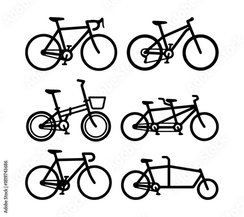 Minimalist Bicycle Icons Set Vector Collection of Six Black Silhouette Bikes, including Road, Mountain, Folding, Tandem, Cargo, and Cruiser Styles for Design and Web.