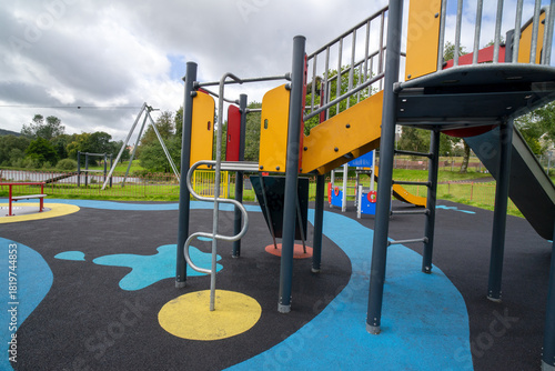 Children's playground at Durrockstock Park - Local Nature Reserve. Scotland, UK. Children and families can now enjoy the area at Park, which has a host of accessible and inclusive facilities. 