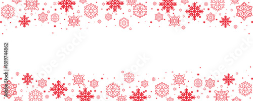 "Horizontal border design featuring a seamless pattern of red snowflakes and stars on a clean white background. This festive header or footer offers copy space in the center, perfect for winter and Ch