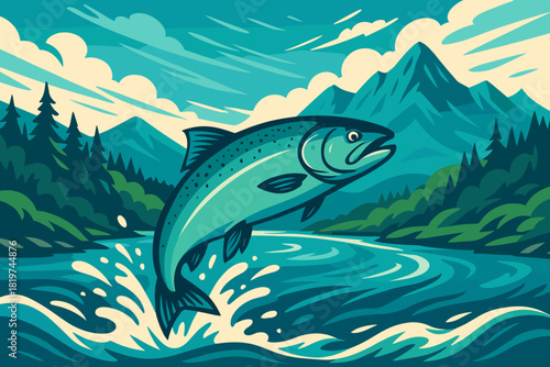 Salmon River Leap. Dynamic shot of a salmon leaping out of a pristine river surrounded by a scenic mountain range, vector