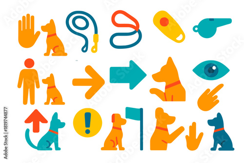 Dog Training Icons. Flat vector icons of handler-dog signaling: hand gesture, leash icon, clicker, whistle, body posture, command