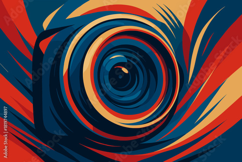 Abstract Camera Lens. Artistic abstract camera lens in bold red, blue, and gold tones, dynamic and vector illustration modern