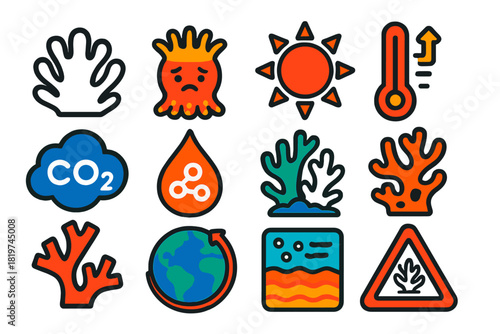 Coral Bleaching Icons. Flat vector icons of coral bleaching events: white coral, stressed coral polyp, heatwave sun, thermometer