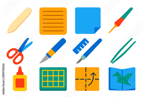 Origami Tool Icons. Flat vector icons of origami tools: bone folder, folding board, square paper sheet, scoring tool, scissors,