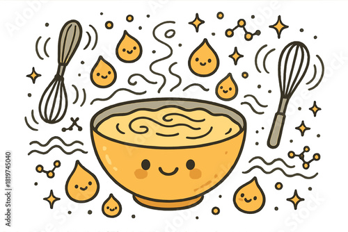 Whimsical Sauce Animation. Magical doodle emulsified sauce with smiling droplets, cartoon whisks spinning cheerfully, tiny happy